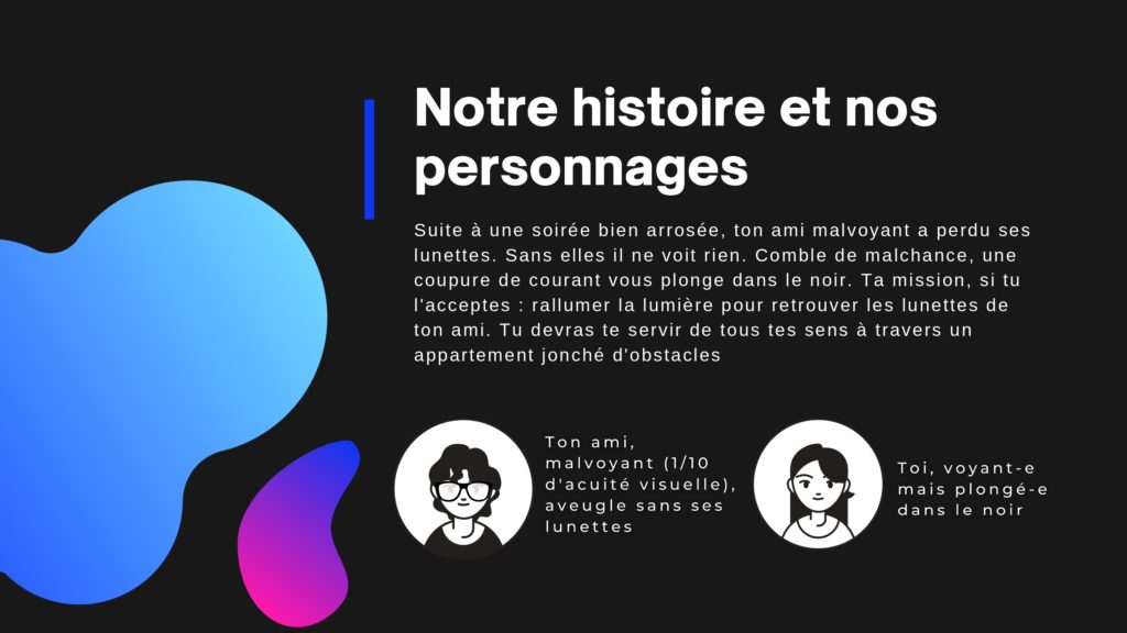 Notre histoire et nos personnages: Suite à une soirée bien arrosée, ton ami malvoyant a perdu ses lunettes. Sans elles il ne voit rien. Comble de malchance, une coupure de courant vous plonge dans le noir. Ta mission, si tu l'acceptes : rallumer la lumière pour retrouver les lunettes de ton ami. Tu devras te servir de tous tes sens à travers un appartement jonché d'obstacles. Personnages: ton ami malvoyant (1/10 d'acuité visuelle); Toi, voyant-e mais plongé-e dans le noir